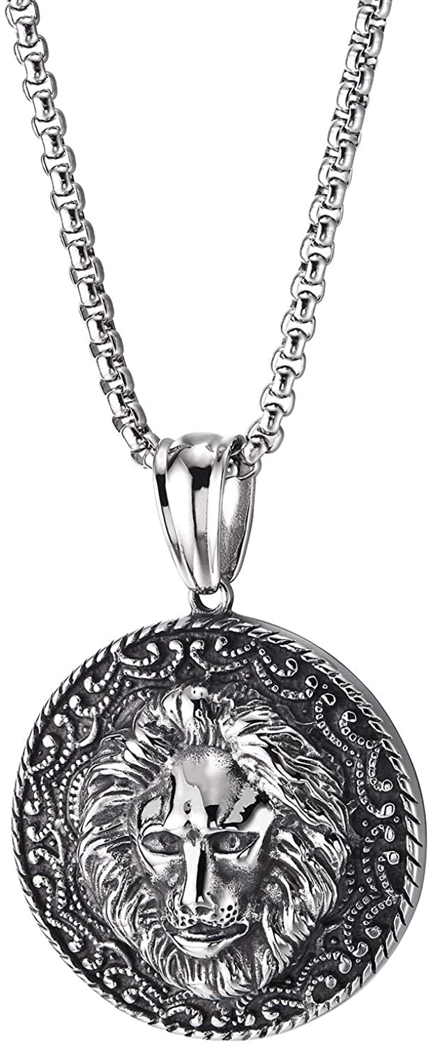 COOLSTEELANDBEYOND Men Steel Lion Head Circle Medal Pendant Necklace with Tattoo Pattern, Vintage Tribal, 30 in Chain