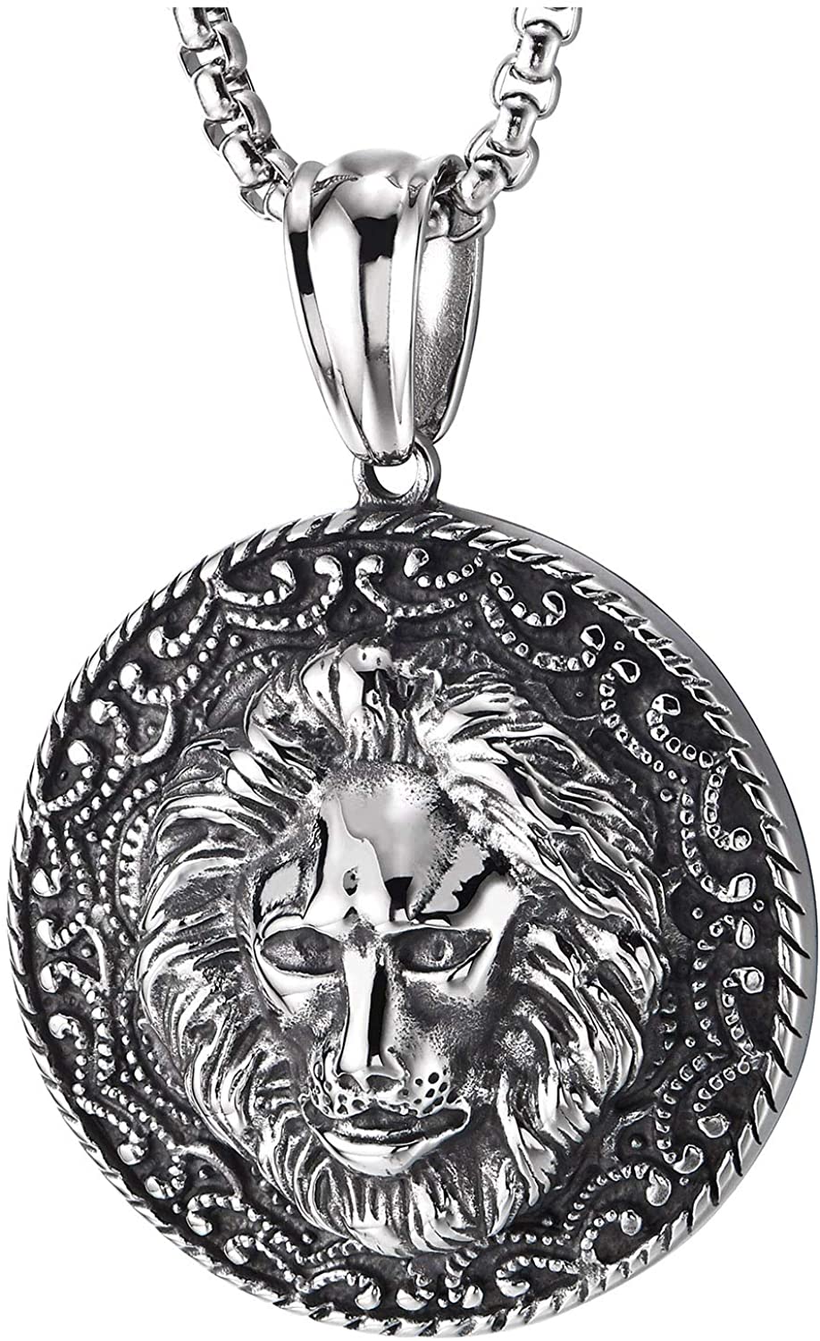 COOLSTEELANDBEYOND Men Steel Lion Head Circle Medal Pendant Necklace with Tattoo Pattern, Vintage Tribal, 30 in Chain