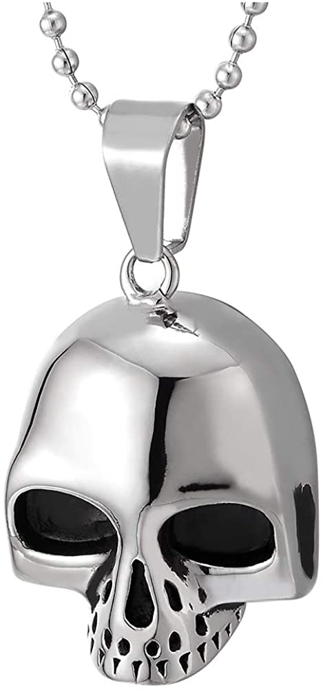 COOLSTEELANDBEYOND Mens Biker Stainless Steel Skull Pendant Necklace with Black Enamel, Polished, 30 inches Ball Chain