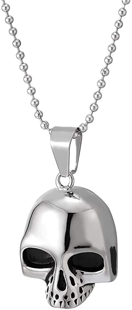 COOLSTEELANDBEYOND Mens Biker Stainless Steel Skull Pendant Necklace with Black Enamel, Polished, 30 inches Ball Chain
