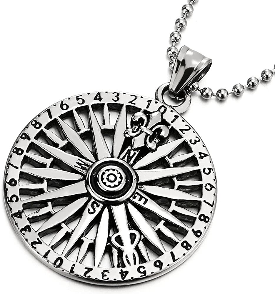 COOLSTEELANDBEYOND Mens Circle Compass Pendant Necklace with Fleur De Lis, Stainless Steel with 30 inches Ball Chain