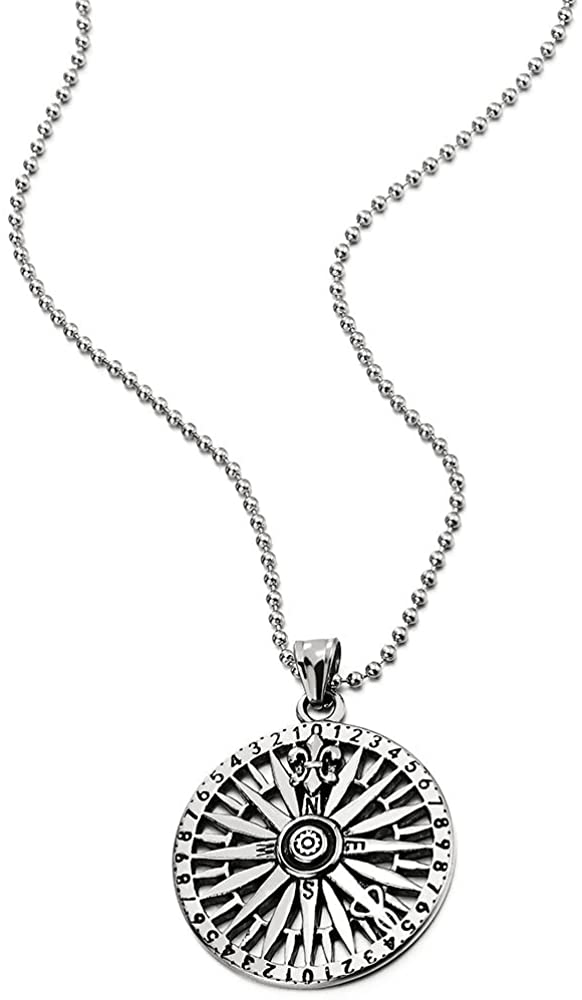 COOLSTEELANDBEYOND Mens Circle Compass Pendant Necklace with Fleur De Lis, Stainless Steel with 30 inches Ball Chain