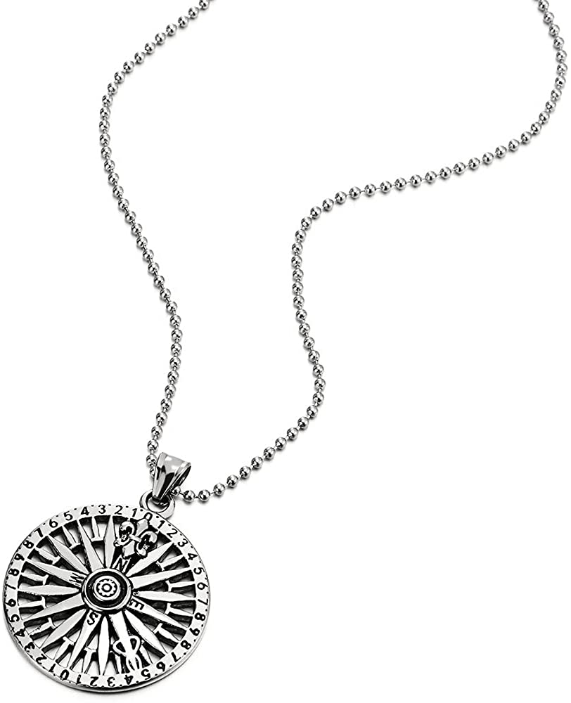 COOLSTEELANDBEYOND Mens Circle Compass Pendant Necklace with Fleur De Lis, Stainless Steel with 30 inches Ball Chain