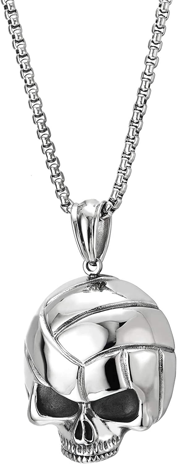 COOLSTEELANDBEYOND Mens Gothic Biker Stainless Steel Grooved Skull Pendant Necklace, Polished, 30 inches Wheat Chain