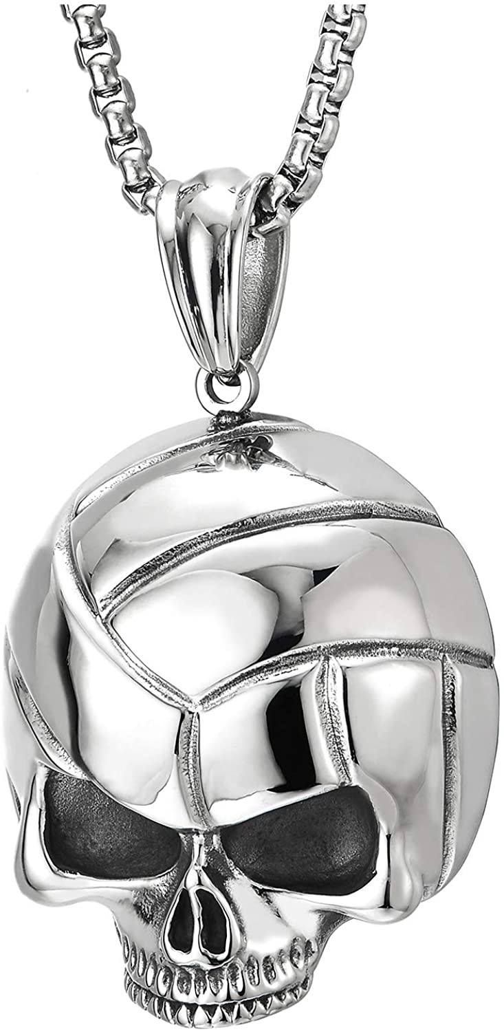 COOLSTEELANDBEYOND Mens Gothic Biker Stainless Steel Grooved Skull Pendant Necklace, Polished, 30 inches Wheat Chain