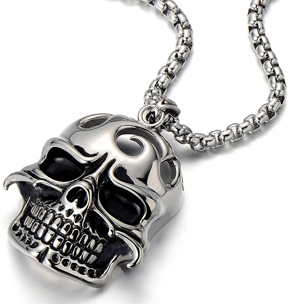 COOLSTEELANDBEYOND Mens Large Biker Skull Pendant Necklace Stainless Steel Silver Black Polished with 30 inches Wheat Chain