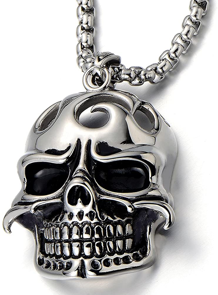 COOLSTEELANDBEYOND Mens Large Biker Skull Pendant Necklace Stainless Steel Silver Black Polished with 30 inches Wheat Chain