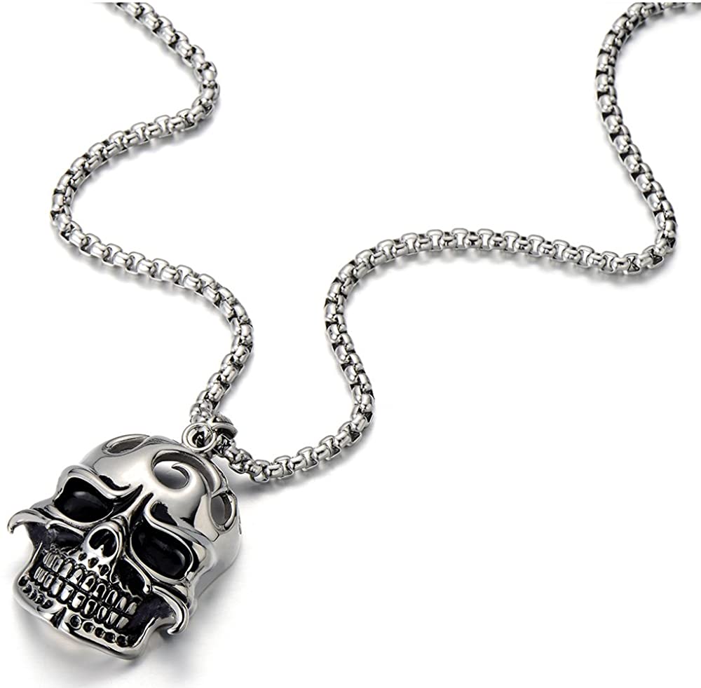 COOLSTEELANDBEYOND Mens Large Biker Skull Pendant Necklace Stainless Steel Silver Black Polished with 30 inches Wheat Chain