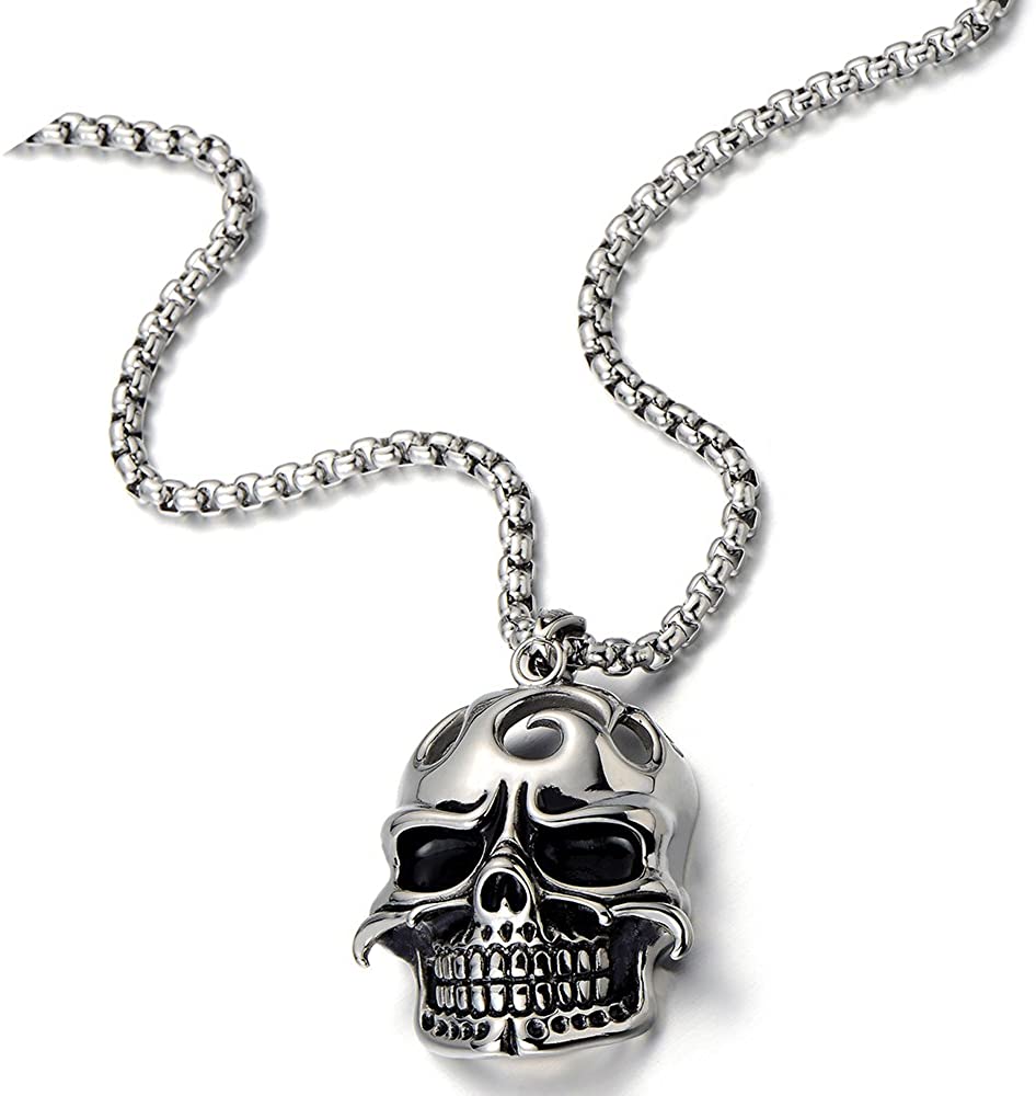 COOLSTEELANDBEYOND Mens Large Biker Skull Pendant Necklace Stainless Steel Silver Black Polished with 30 inches Wheat Chain