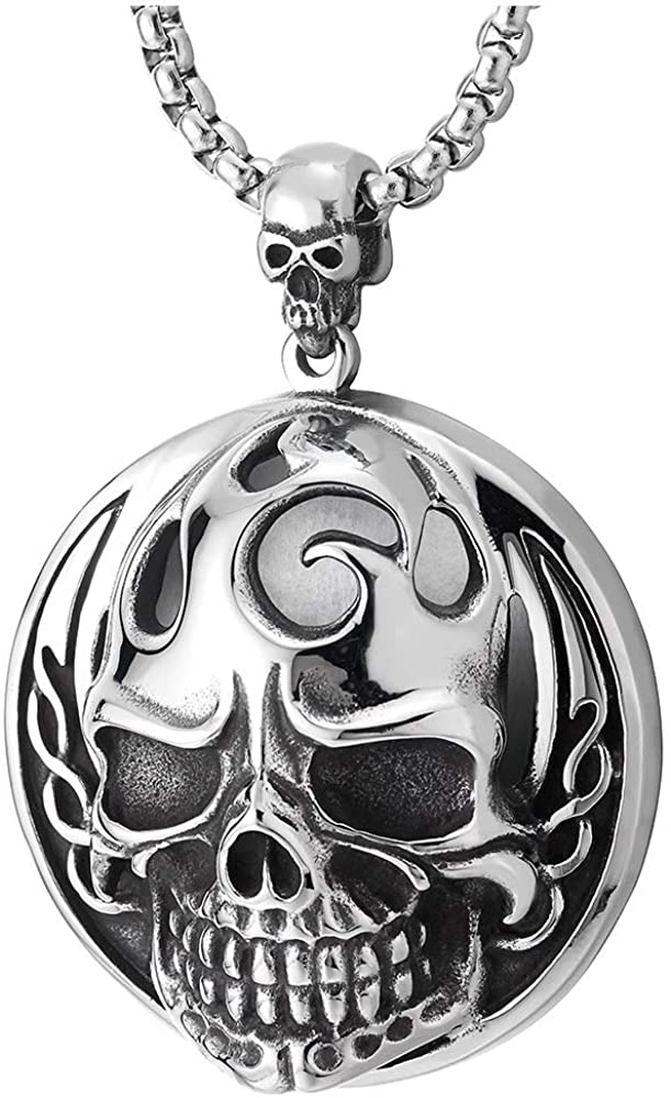 COOLSTEELANDBEYOND Mens Stainless Steel Skull Circle Mask Pendant Necklace, Silver Black, 30 inches Wheat Chain