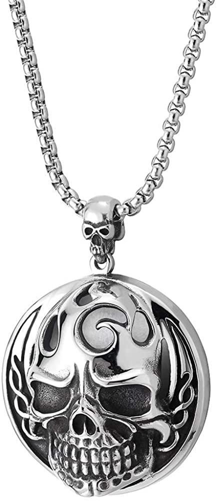COOLSTEELANDBEYOND Mens Stainless Steel Skull Circle Mask Pendant Necklace, Silver Black, 30 inches Wheat Chain
