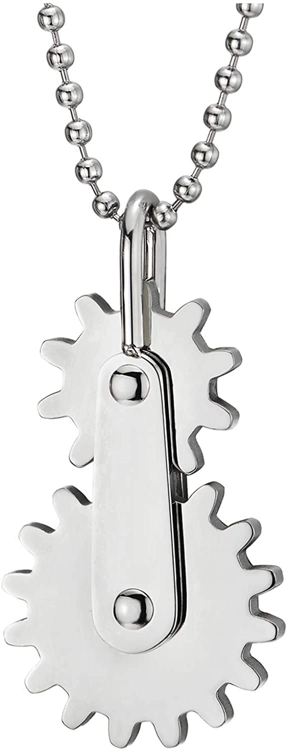 COOLSTEELANDBEYOND Mens Stainless Steel Steampunk Gears Mechanic Pendant Necklace, Polished, 30 inches Ball Chain