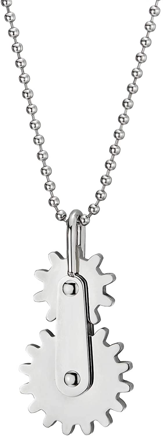 COOLSTEELANDBEYOND Mens Stainless Steel Steampunk Gears Mechanic Pendant Necklace, Polished, 30 inches Ball Chain