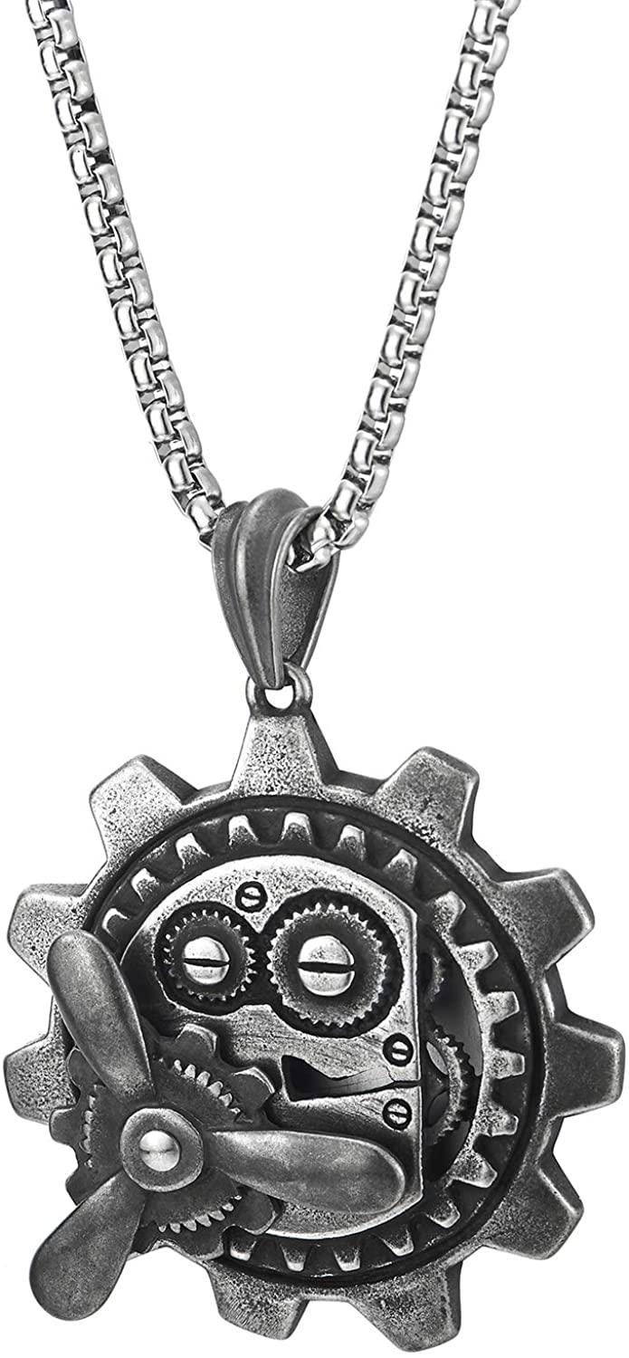 COOLSTEELANDBEYOND Stainless Steel Steampunk Gears Mechanic Pendant Necklace for Men, Old Metal Finishing, 30 in Chain