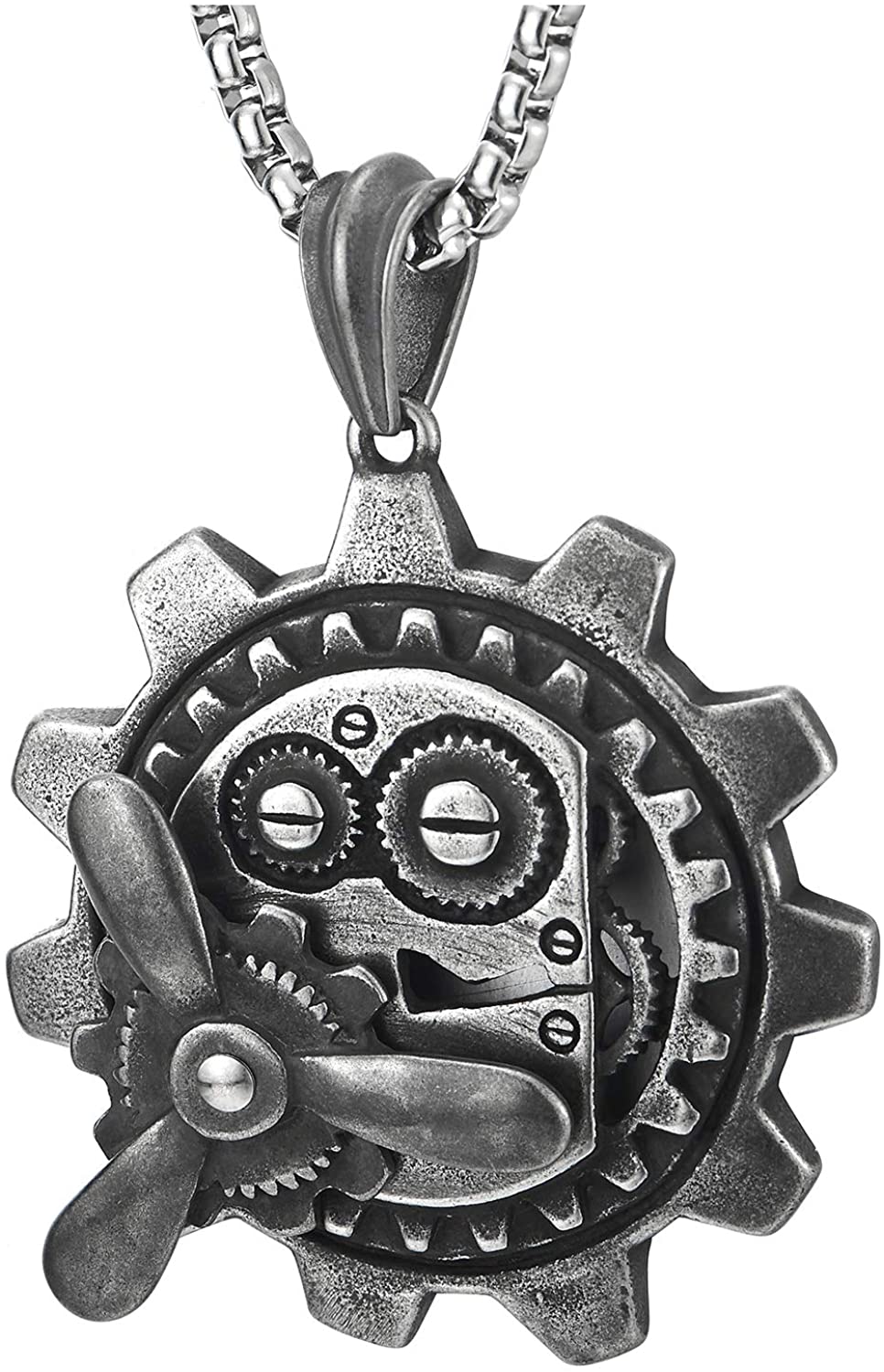COOLSTEELANDBEYOND Stainless Steel Steampunk Gears Mechanic Pendant Necklace for Men, Old Metal Finishing, 30 in Chain