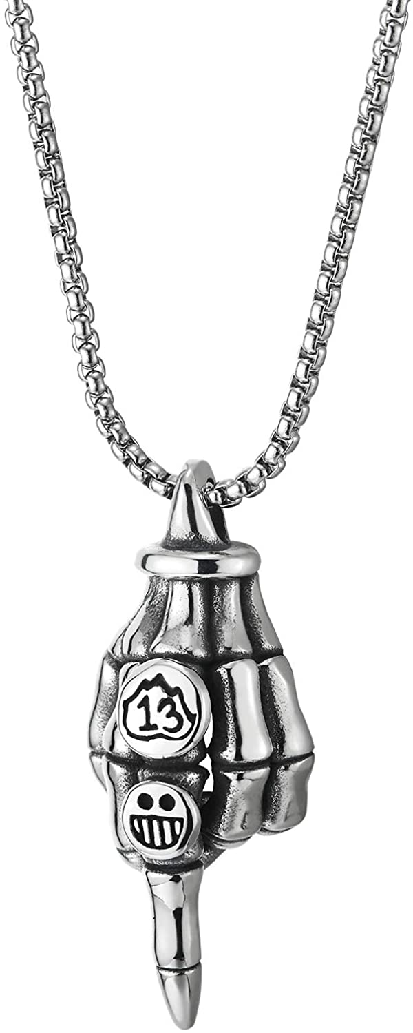 COOLSTEELANDBEYOND Steel Mens Cool Skeleton Hand Claw Pendant Necklace with Number 13 and Smiling Face