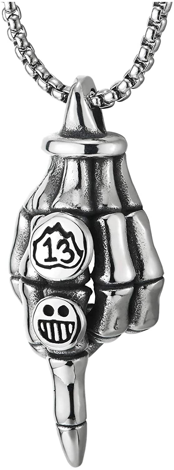 COOLSTEELANDBEYOND Steel Mens Cool Skeleton Hand Claw Pendant Necklace with Number 13 and Smiling Face