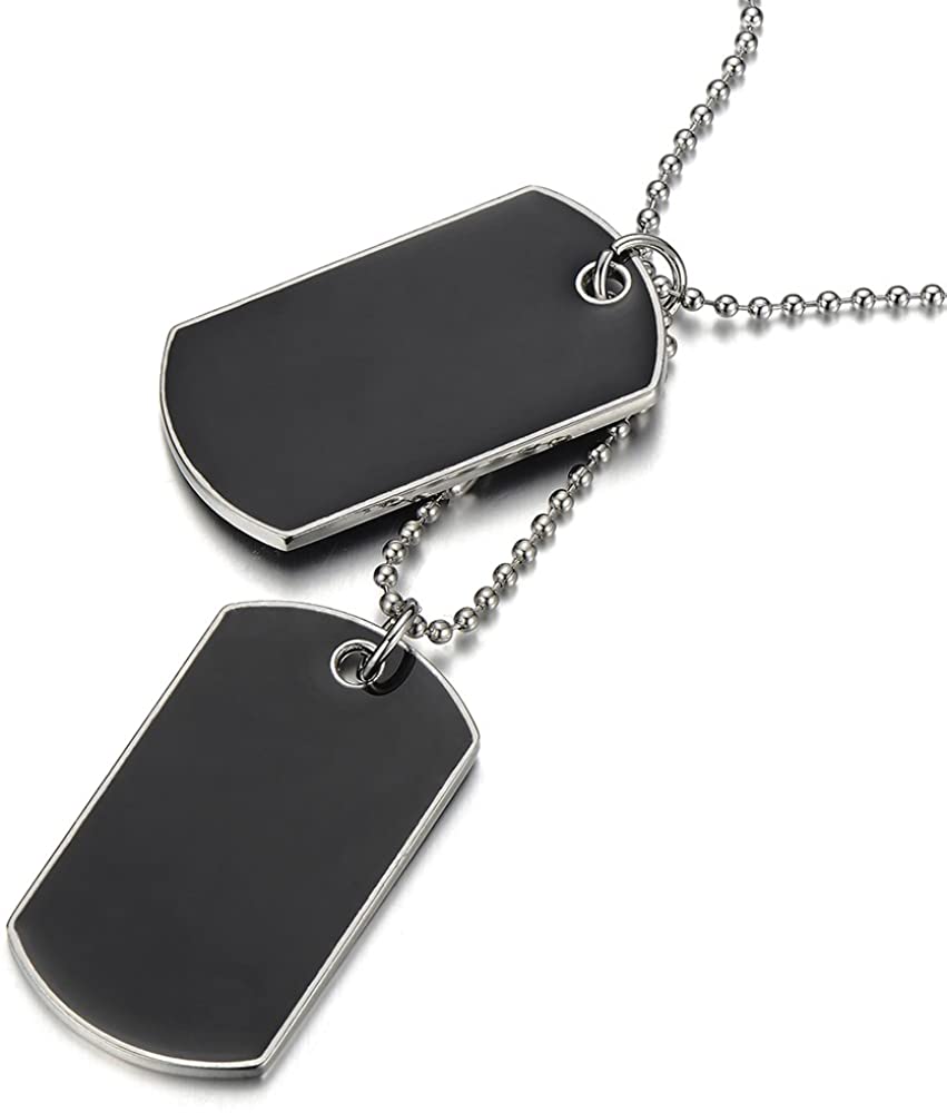 COOLSTEELANDBEYOND Two-Pieces Mens Dog Tag Pendant Necklace with Black Enamel and 28 inches Steel Ball Chain