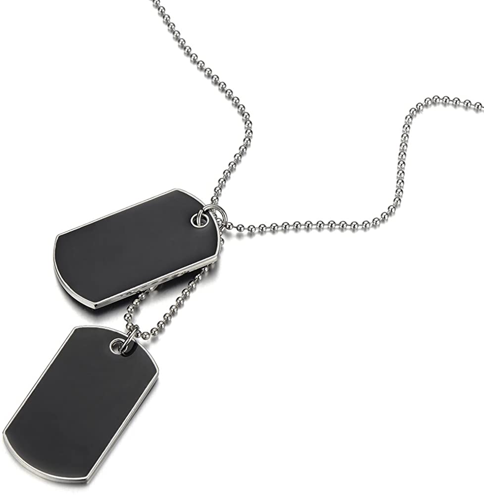 COOLSTEELANDBEYOND Two-Pieces Mens Dog Tag Pendant Necklace with Black Enamel and 28 inches Steel Ball Chain