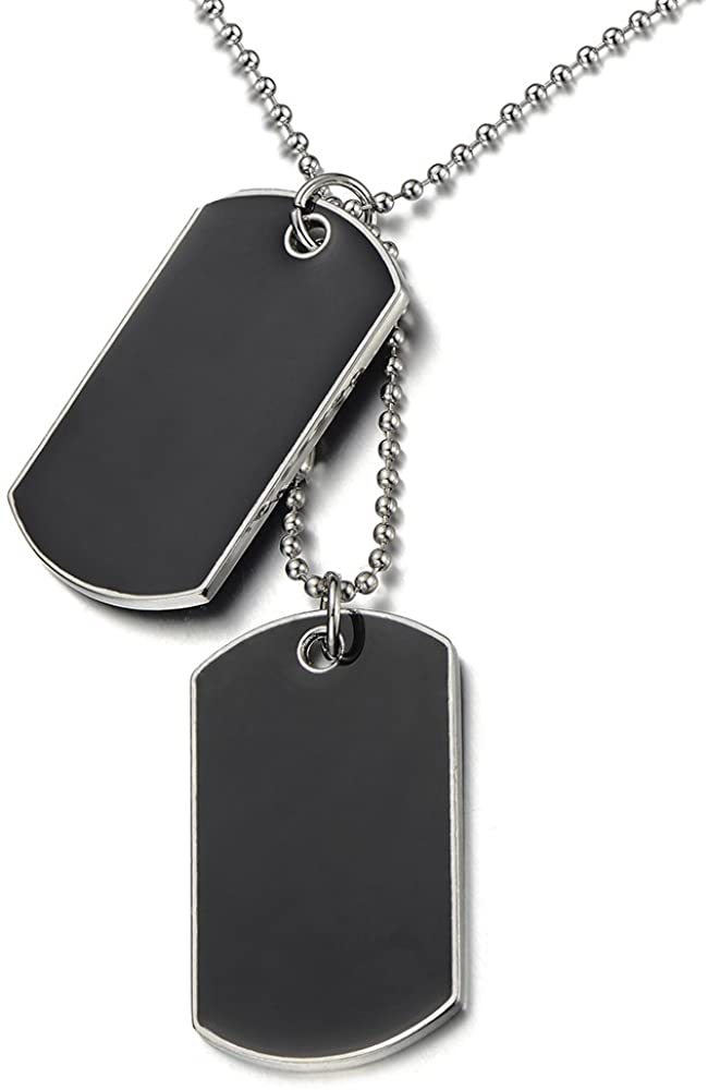 COOLSTEELANDBEYOND Two-Pieces Mens Dog Tag Pendant Necklace with Black Enamel and 28 inches Steel Ball Chain