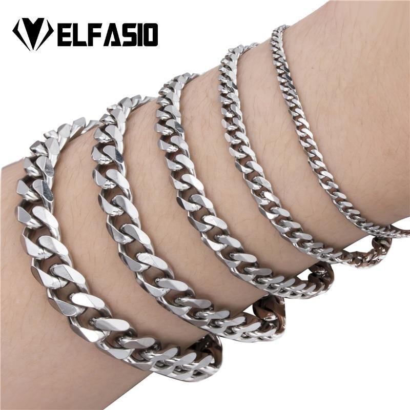 Elfasio 18cm 20cm 23cm Men Bracelets Silver/Gold/Black Color Curb Cuban Link Stainless Steel Bracelet For Women Men's Jewelry